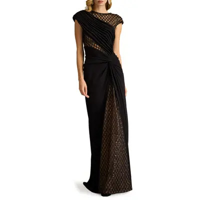 Tadashi Shoji Mixed Media Cap Sleeve Crepe Gown in Black at Nordstrom, Size X-Large | Nordstrom