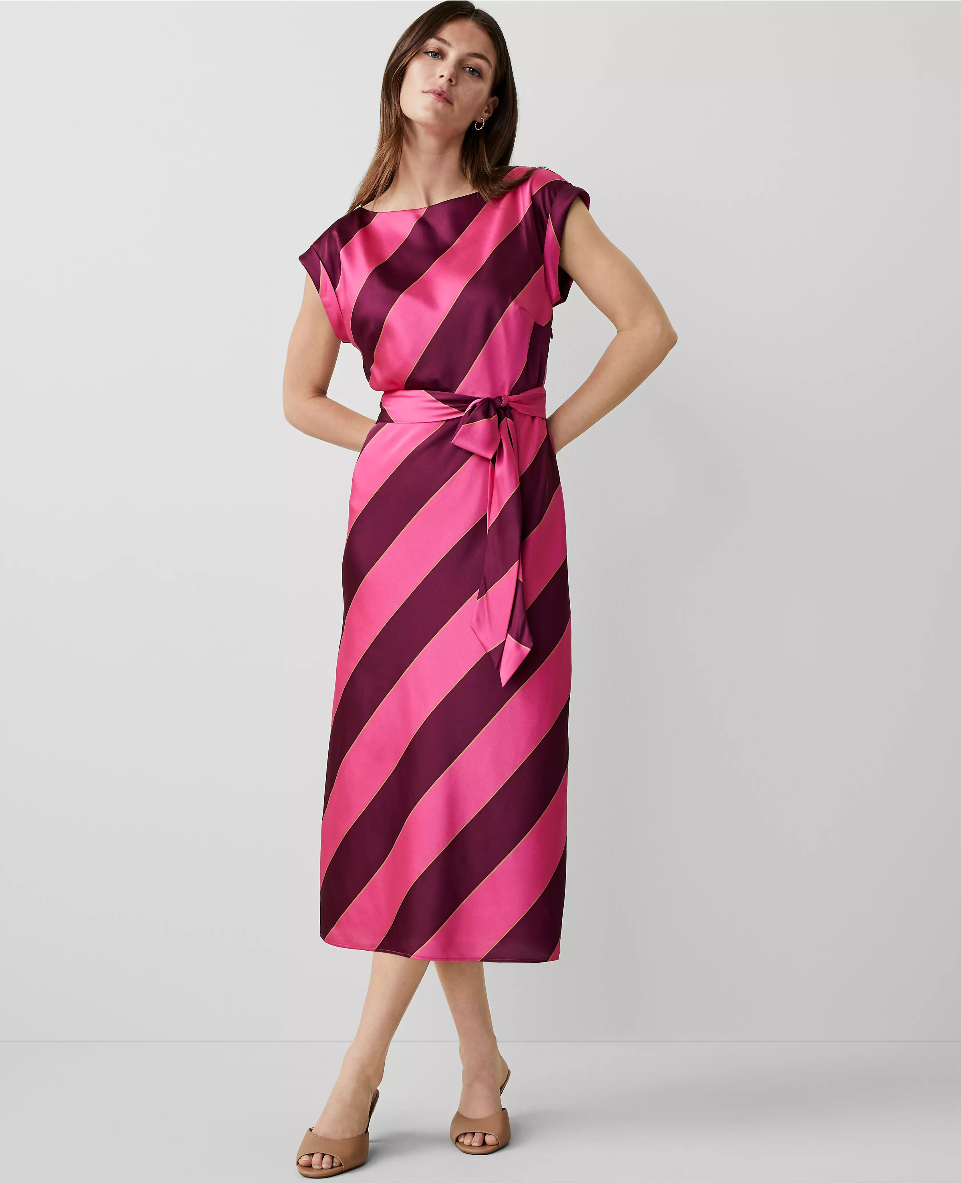 Petite Striped Boatneck Flare Midi Dress | Ann Taylor