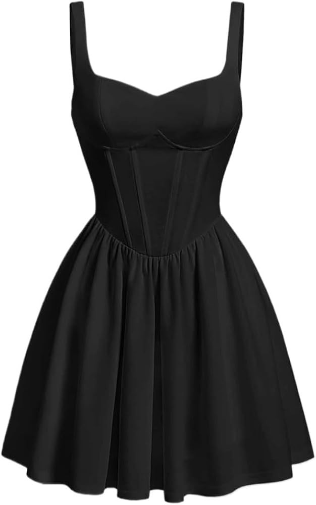 METOES Women's 2024 Summer Casual Plain Mini Dress Straps Solid Bustier Fish Bone Black Prom Cami... | Amazon (US)
