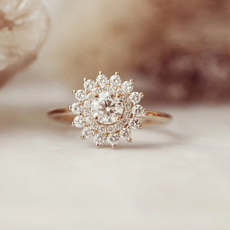 Daisy Cluster Moissanite Ring, Sunburst Wedding Ring, 1.3 Ct Colorless Moissanite Ring, 14K Rose ... | Etsy (US)