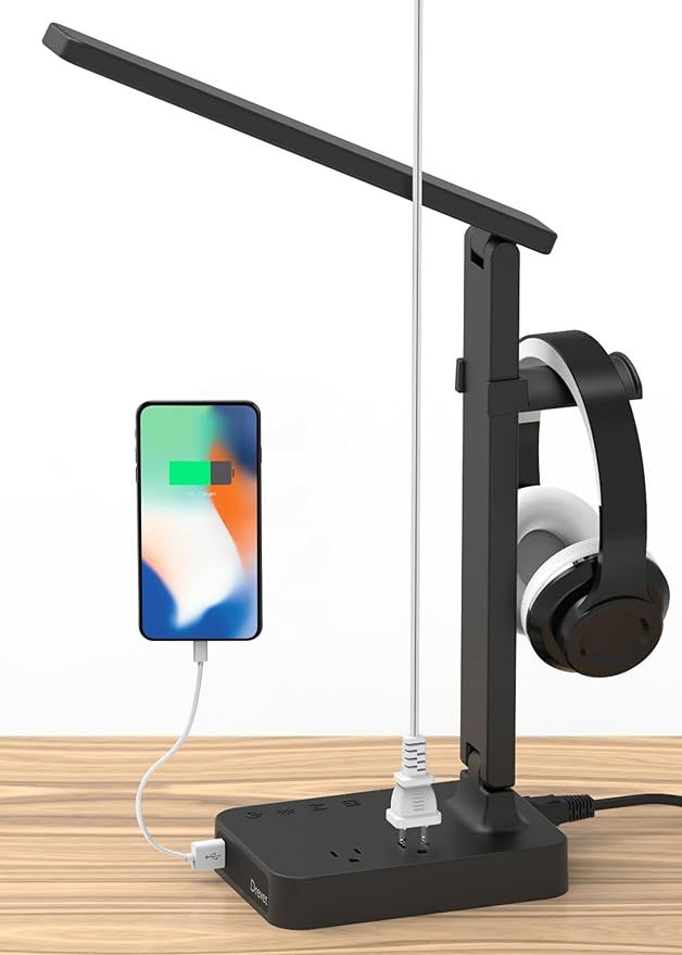 Drevet LED Desk Lamp with Headphone Stand, Desk Light with 1 USB Charging Port and 2 AC Power Out... | Amazon (US)