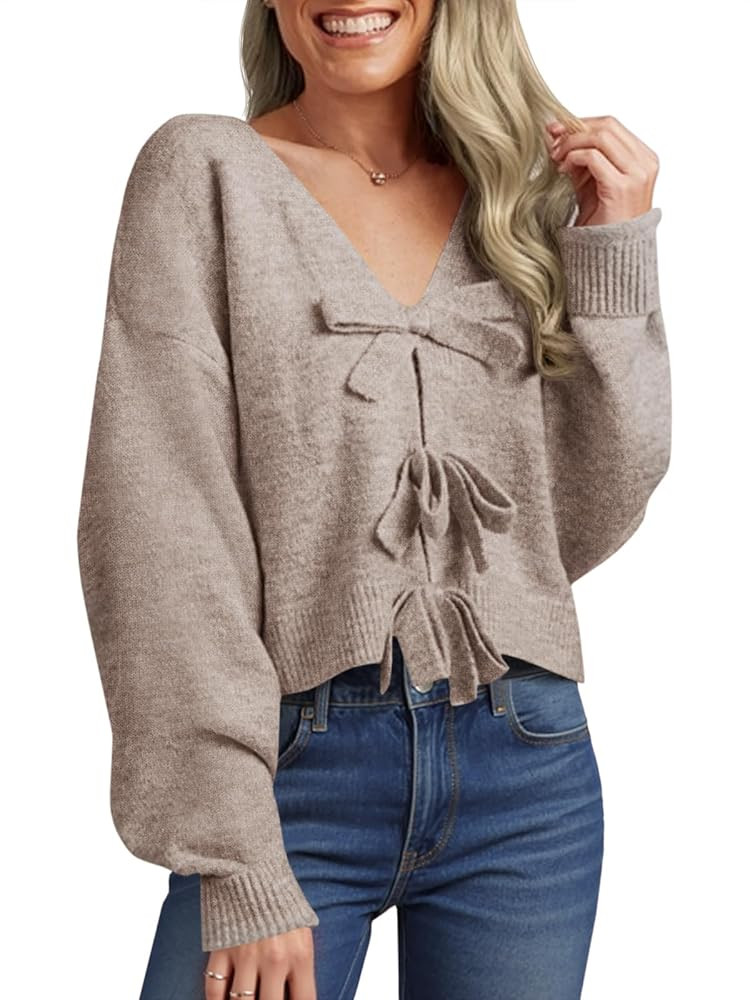 Saodimallsu Womens Bow Sweater Cropped V Neck Long Sleeve Fall Cozy Knit Loose Trendy Pullover Sw... | Amazon (US)
