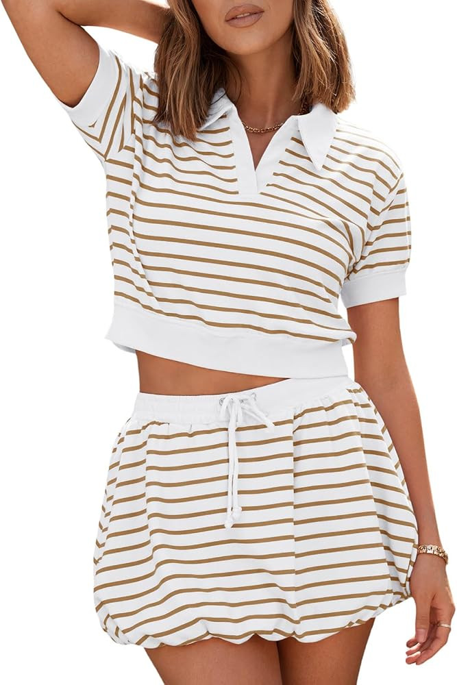 Fisoew Womens Striped 2 Piece Outfits Skort Set Short Sleeves Shirts Bubble Mini Skirt Sets Match... | Amazon (US)