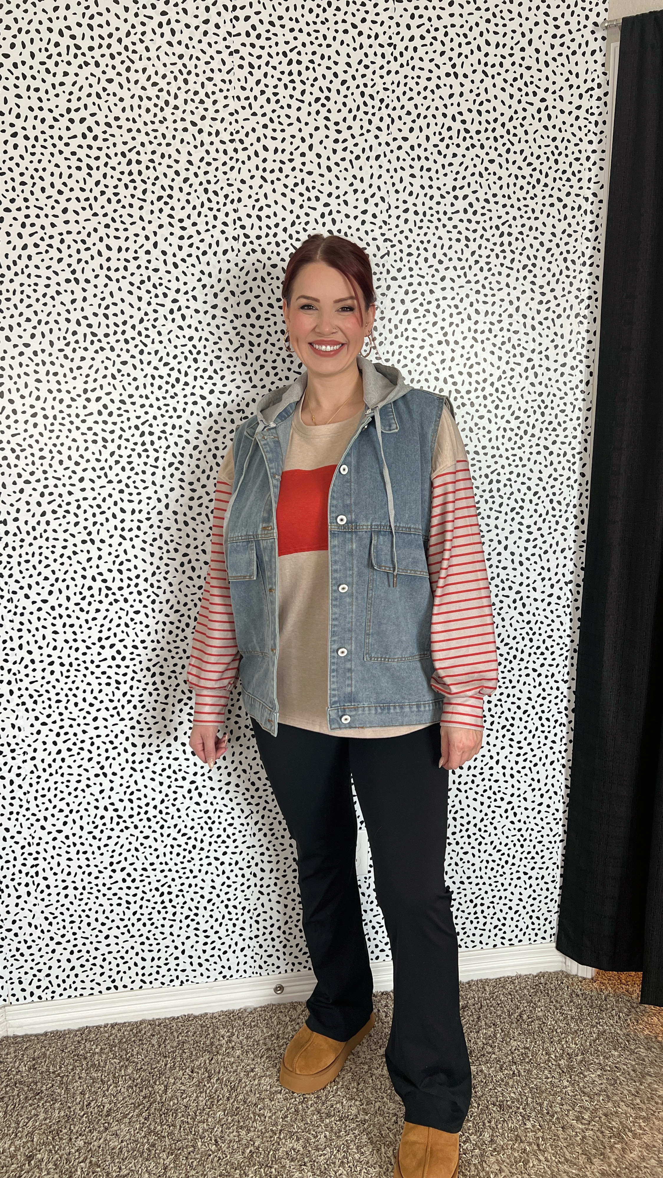 Styling an oversized jean vest (that has a detachable hood, which I LOVE)! 

👉🏻Leggings are v-cut flares by Sunzel, I’m wearing a XL!
👉🏻Top is the most perfect, soft and cozy oversized long sleeve. I love the stripes on the sleeve and across the chest! I am wearing a large and it’s the perfect oversized feel.
👉🏻Jean vest is also a large and if you want it a bit shorter, size down. But I love how it pairs with an oversized long sleeve!
👉🏻Shoes are Altar’d state cloud slippers 

#LTKMidsize #LTKSeasonal #LTKSaleAlert