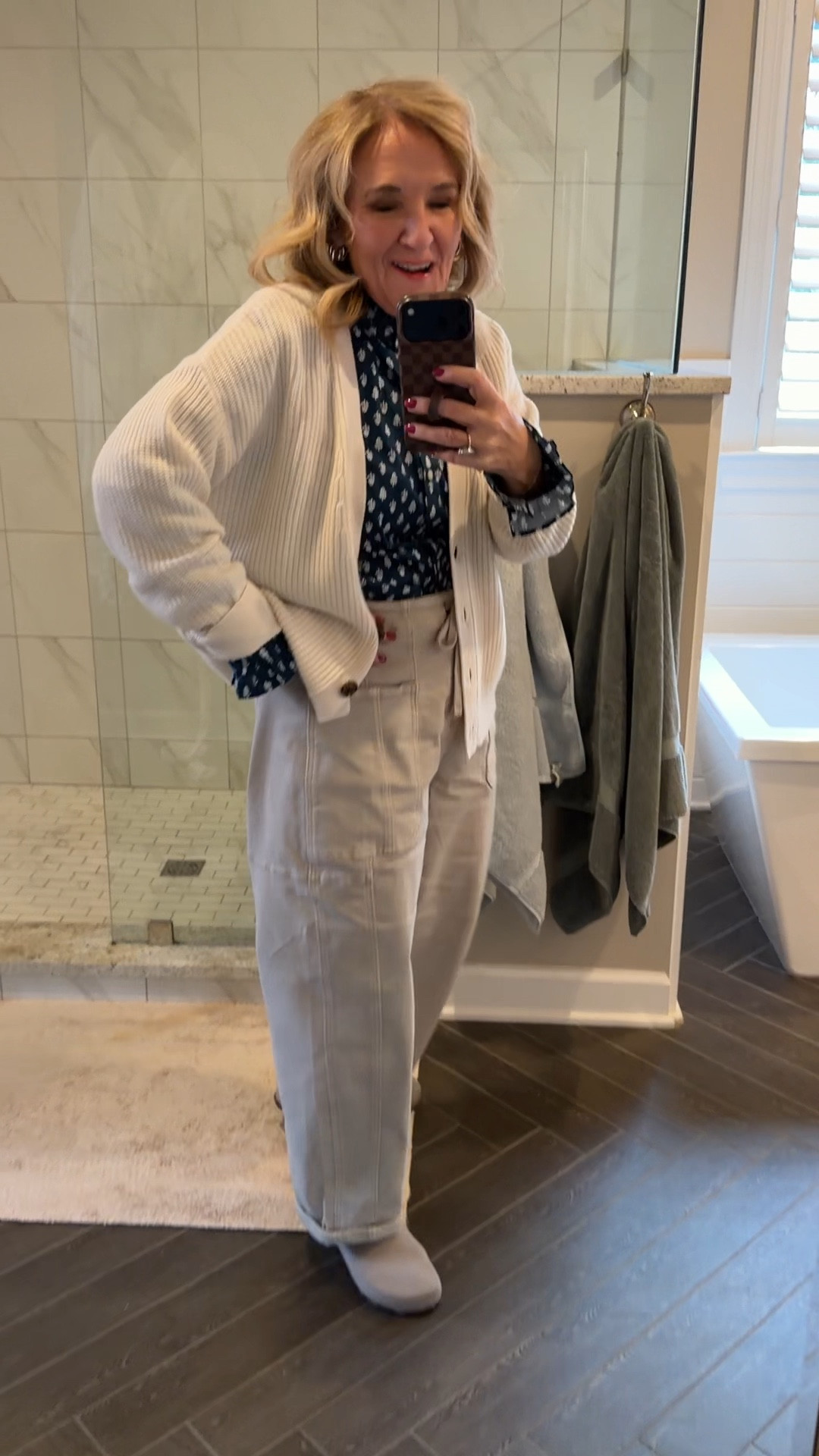 Pants size 29 very roomy 
Sweater size medium 
Blouse size medium 
Rothy clogs size down if inbetween 

Cold weather ourfit 

#LTKOver40 #LTKPetite