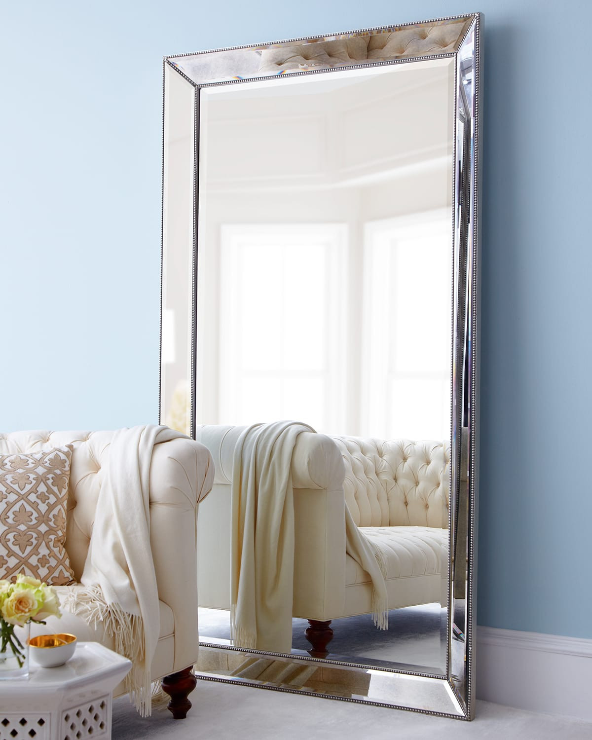 Antiqued-Silver Beaded Floor Mirror | Neiman Marcus