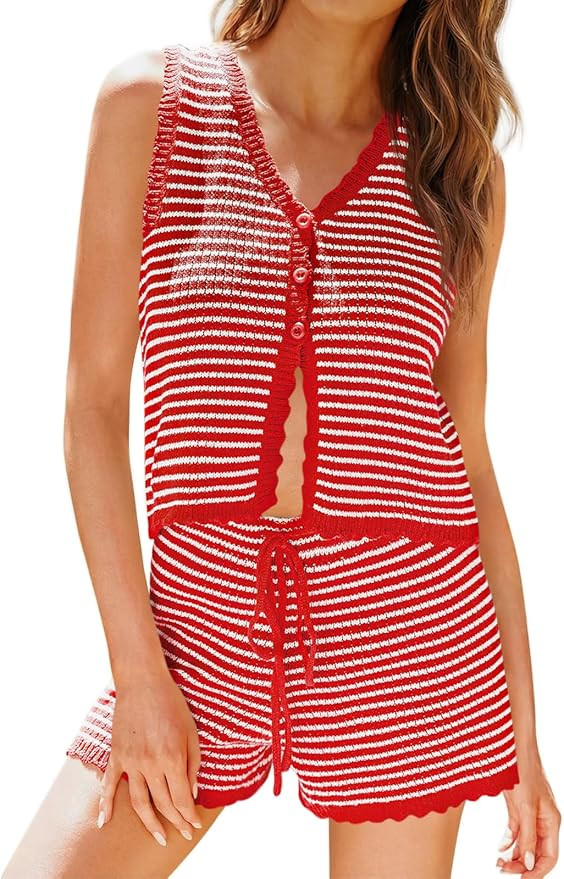 Tankaneo Womens 2 Piece Shorts Set Striped Summer Vacation Outfits Button Down Knit Vests Tops Ca... | Amazon (US)