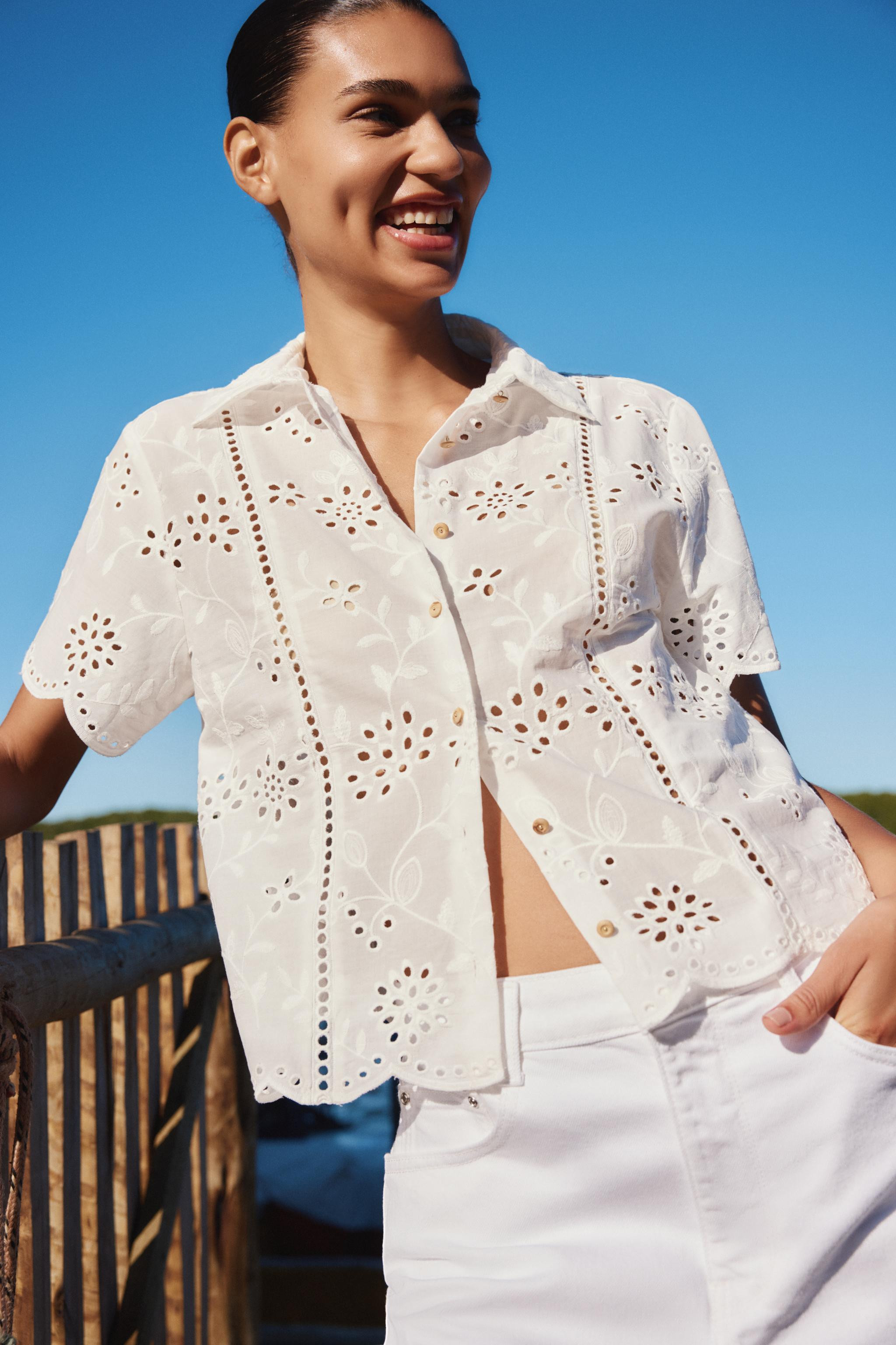 SHORT SLEEVE EMBROIDERED EYELET SHIRT | Zara US