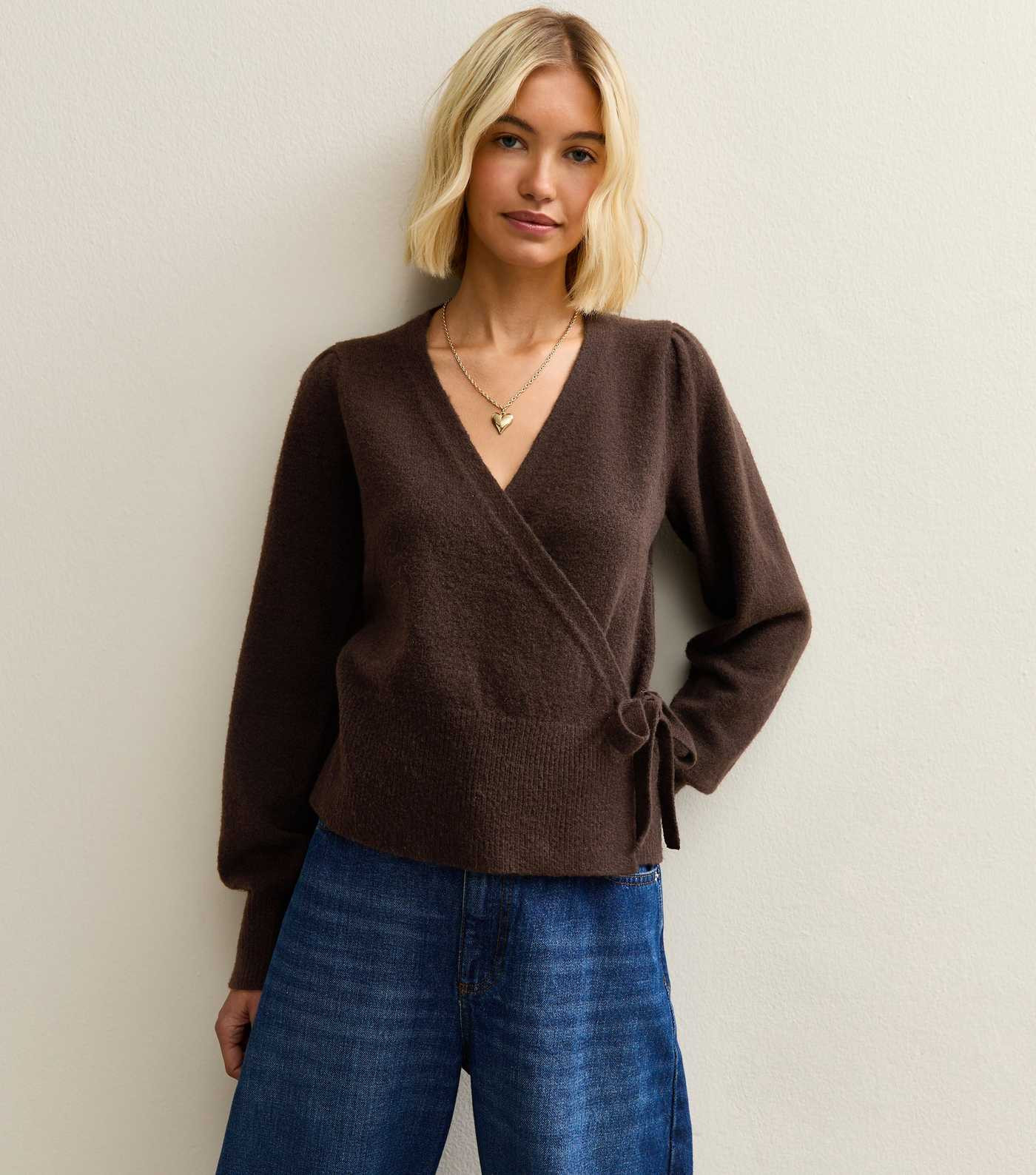 Dark Brown Puff Sleeve Wrap Jumper | New Look | New Look (UK)