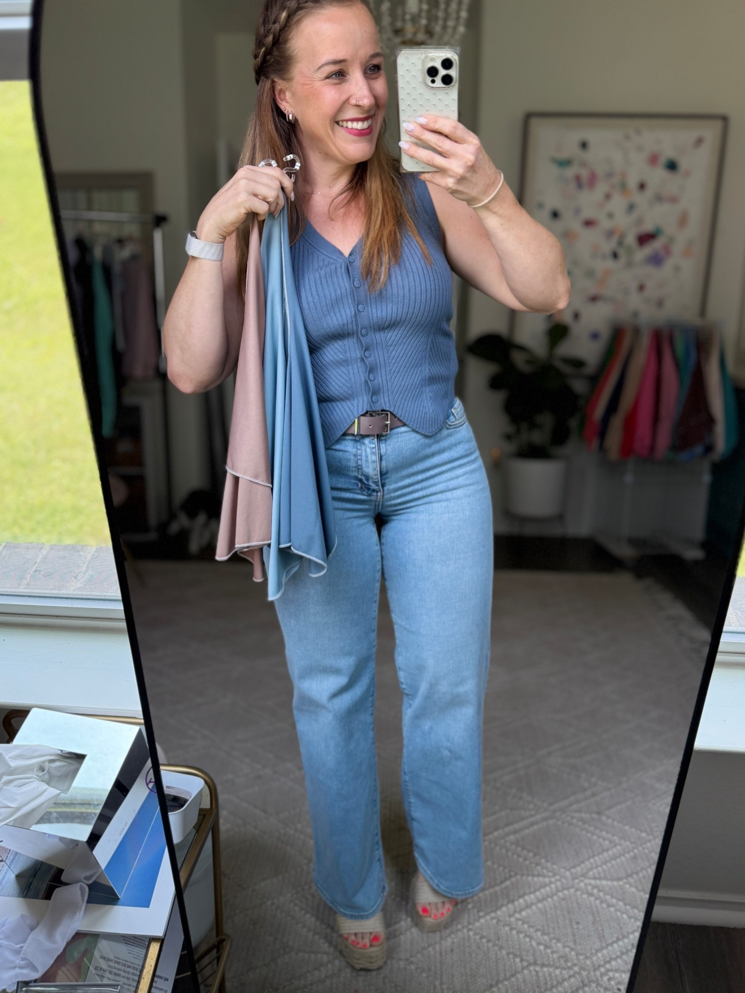 ✨ Casual Chic Vibes! ✨
Today’s outfit is all about easy, effortless style and color confidence. I’m wearing a ribbed blue knit tank (such a flattering color on my Summer season skin tone!) paired with high-rise light-wash flare jeans for a breezy, elongated silhouette. The woven espadrille wedges give a little lift and keep it summery and fresh.

I added a neutral brown leather belt to define my waist and keep things balanced. I’m also holding up some color drapes in mushroom and dusty grey blue to show off how your color palette can make even the simplest outfit pop!

🛍️ Outfit Details:
	•	Ribbed button-down tank top in soft grey blue
	•	Light-wash flare jeans with a subtle vintage vibe
	•	Espadrille platform sandals in natural woven texture
	•	Brown leather belt

💙 Style Tip: Don’t forget that the right colors can make your skin glow and bring out your best features!

📲 Shop the look and find similar styles linked here!

#LTKsummer #LTKcasualstyle #ribbedtanktop #flarejeans #lightwashdenim #espadrillesandals #coloranalysis #colorseason #summerpalette #elevatedcasual #effortlessstyle #houseofcolour #styleconfidence


#LTKWorkwear #LTKPetite #LTKShoeCrush