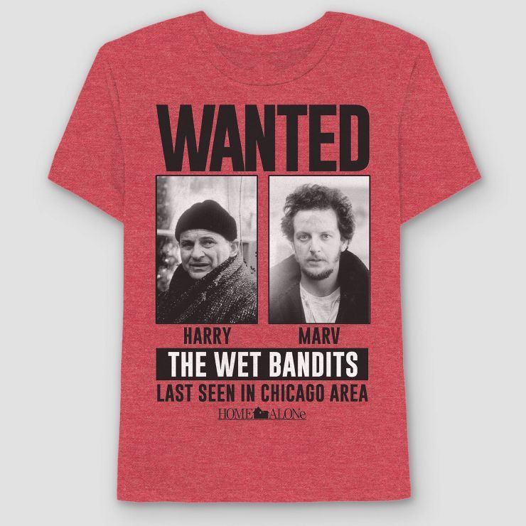 Men's Home Alone Wanted Wet Bandits Short Sleeve Graphic T-Shirt - Heathered Red | Target