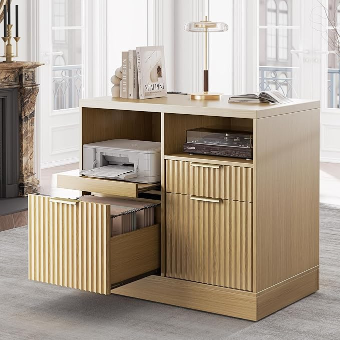 3 Drawer File Cabinet, Fluted Wood Lateral Filing Cabinet with Charging Station for Home Office, ... | Amazon (US)