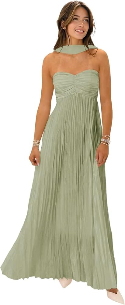 Eightale Strapless Long Bridesmaid Dresses with Scarf Chiffon Pleated A Line Maxi Formal Evening ... | Amazon (US)