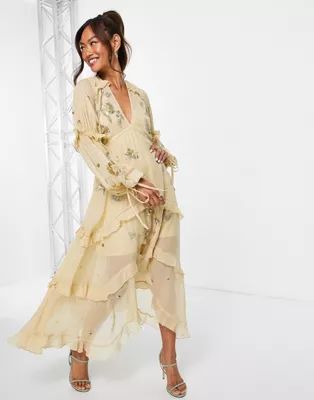 ASOS DESIGN - Midi jurk met clusterversiering en A-lijn in goud | ASOS (Global)