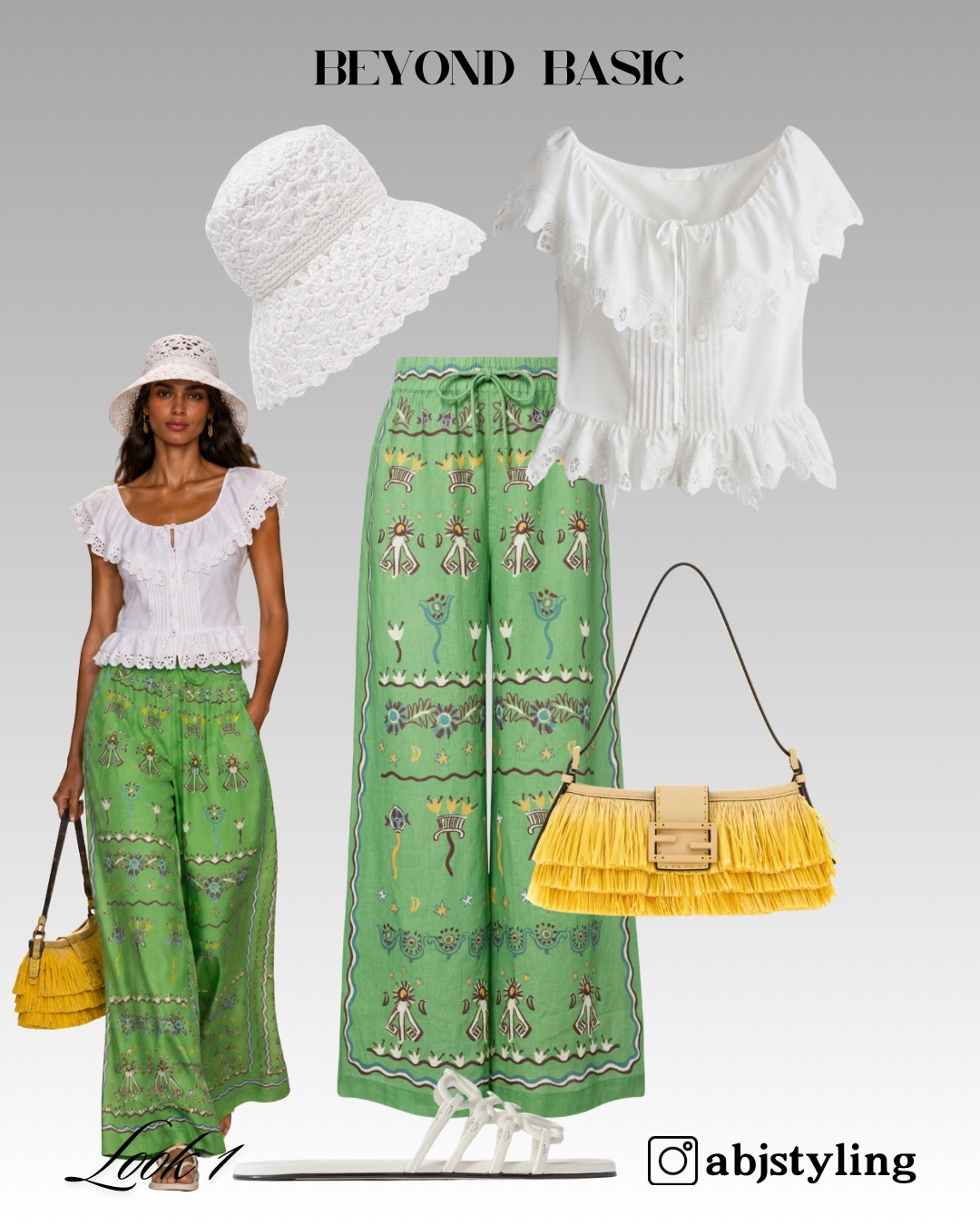 A fresh holiday look built around embroidered green wide-leg trousers and a feminine white lace top. The yellow raffia bag adds a playful contrast, while the white crochet hat and flat sandals keep the outfit light and relaxed.

Styling tip: When wearing a strong print, repeat one of its lighter colours through the top, hat and shoes. This keeps the look cohesive and allows the yellow bag to become the focal point.

#LTKuk #LTKsummer #LTKeurope