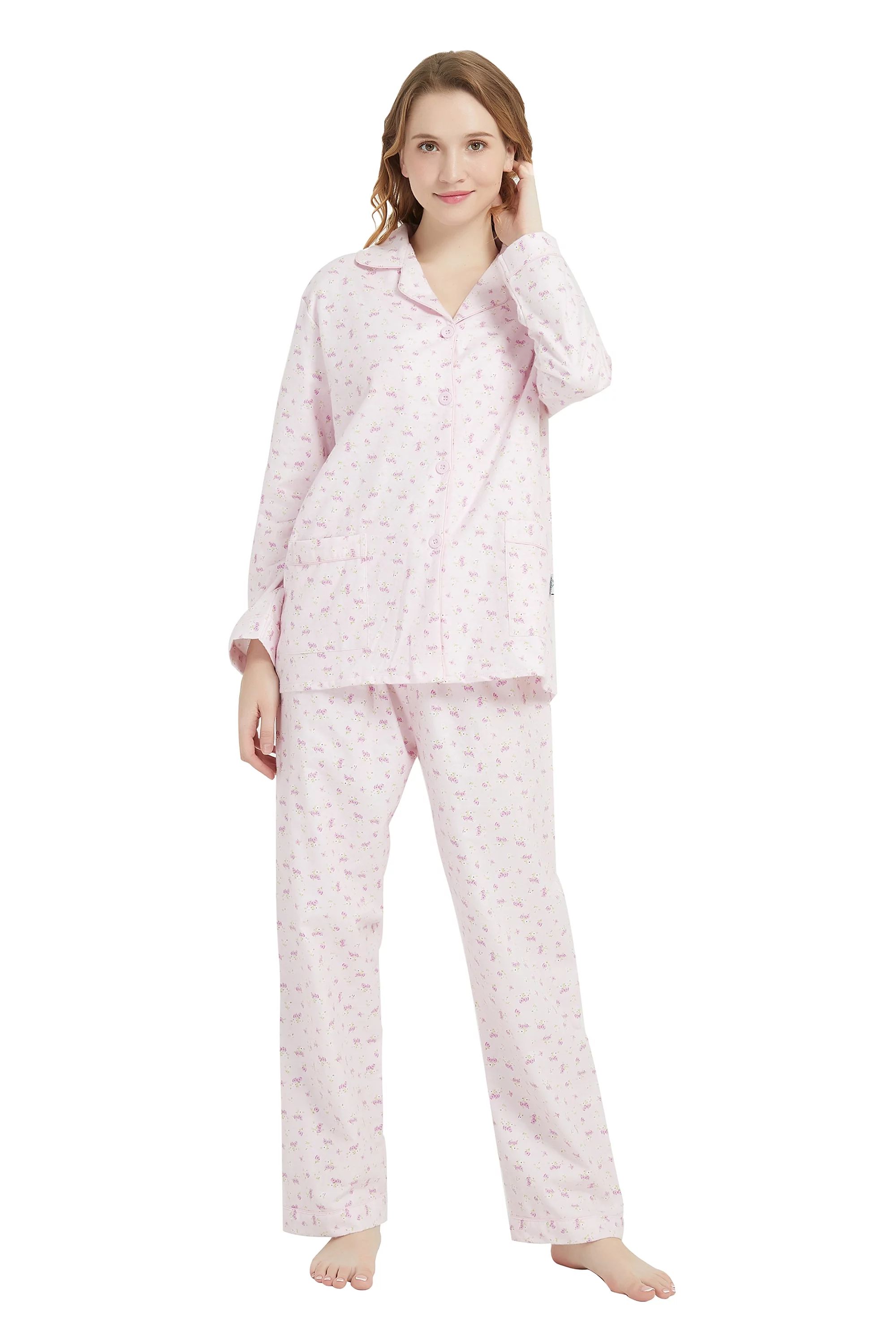GLOBAL 100% Cotton Comfy Flannel Pajamas for Women 2-Piece Warm and Cozy Pj Set of Loungewear But... | Walmart (US)