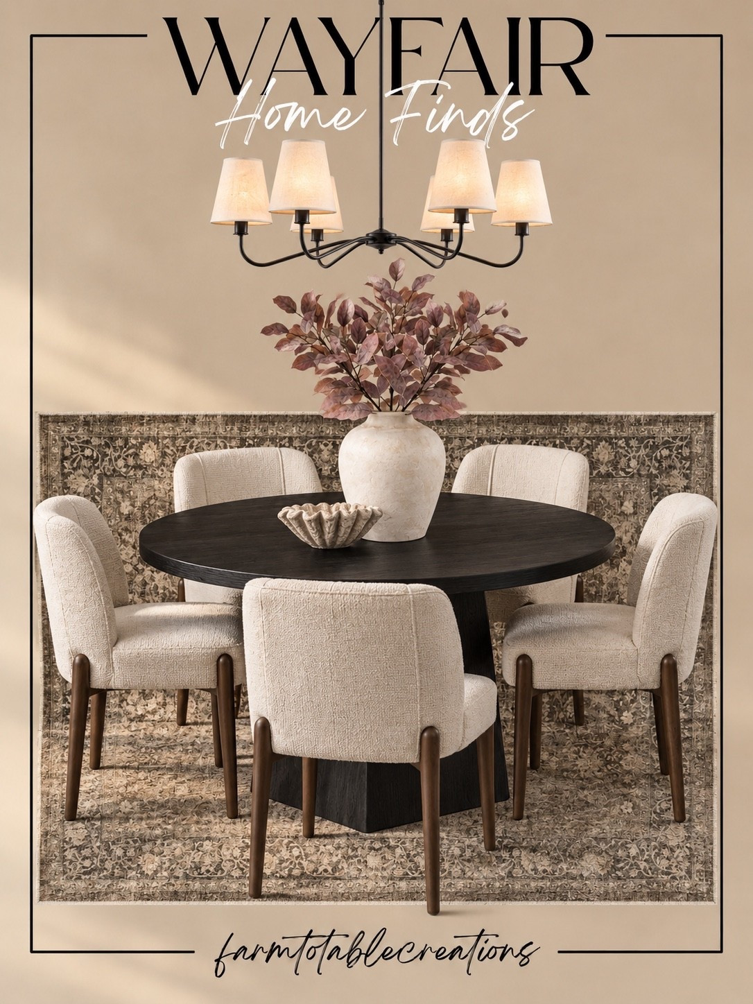 Wayfair Dining Room Finds 🤎

This Wayfair dining room edit is the perfect mix of warm, moody, and modern! The black pedestal table creates a gorgeous focal point, while the creamy upholstered chairs and vintage-inspired rug soften the look and keep the space feeling cozy and inviting.

The black chandelier adds just the right amount of contrast, and the oversized neutral vase filled with muted fall stems makes such an easy seasonal centerpiece. A beautiful way to bring those elevated designer vibes home for fall!

Follow @farmtotablecreations on Instagram for more cozy home finds and trending decor.

#LTKHome #Wayfair #WayfairFinds #WayfairHome #WayfairStyle #DiningRoomDecor #DiningRoomInspo #FallHome #FallDecor #NeutralHome #CozyHome #WarmNeutrals #DesignerInspired #HomeDecor #LTKFinds

#LTKHome #LTKSaleAlert