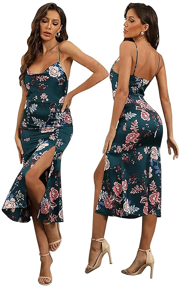 Tsher Women's Sleeveless Spaghetti Strap Satin Wedding Guest Party Dress Cowl Neck Backless Midi ... | Amazon (US)