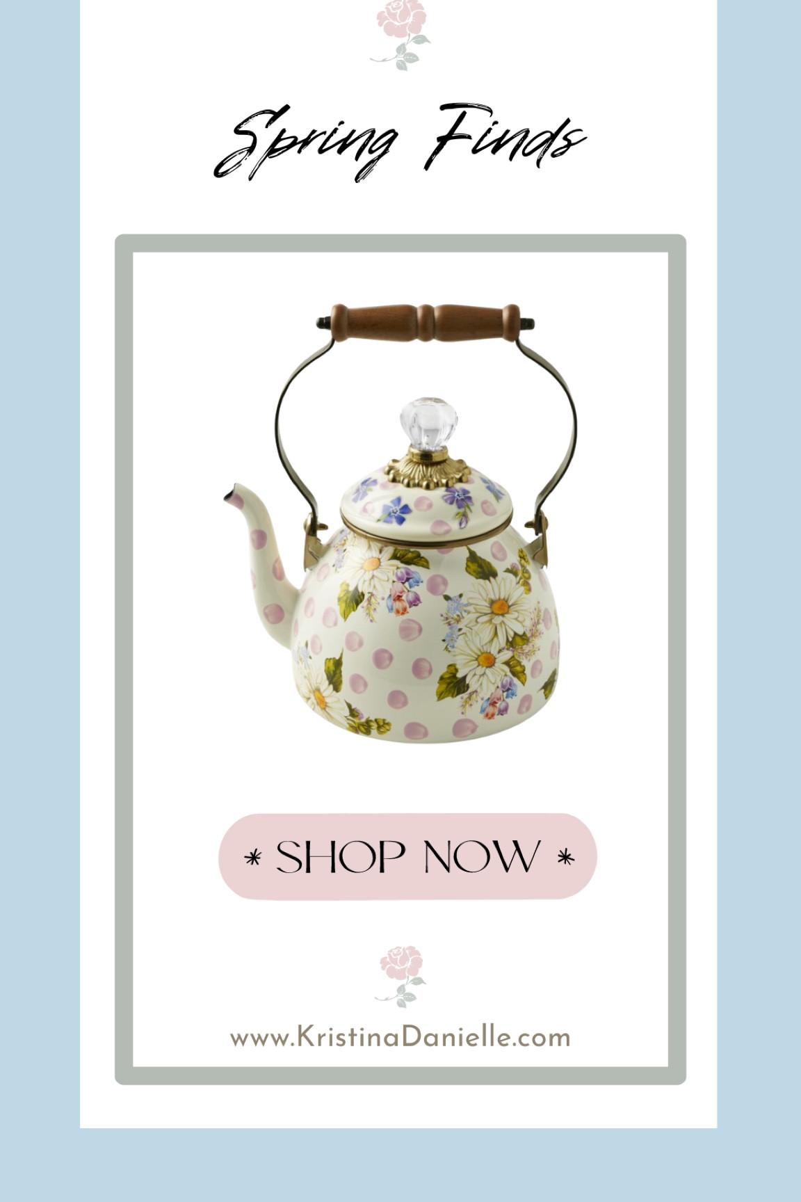 Every day kitchen essentials become enchanting pieces of art when designed like this! This beautiful tea kettle is perfect for spring topped with a sparkling glass knob, and wouldn’t handle featuring daisies and violets, and adds a cheerful to the kitchen. Perfect for tea, parties and teatime.

#LTKparties #LTKSeasonal #LTKSpringSale