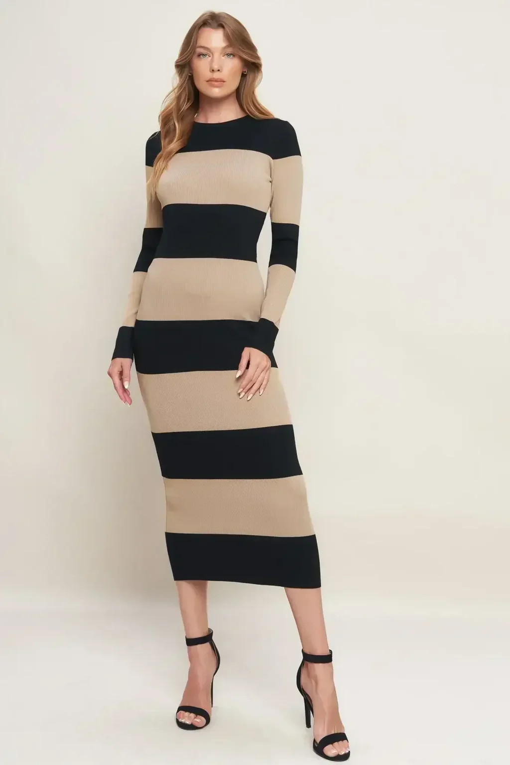 MODERN ATTITUDE STRIPE LONG SLEEVE SWEATER DRESS | Lady Black Tie