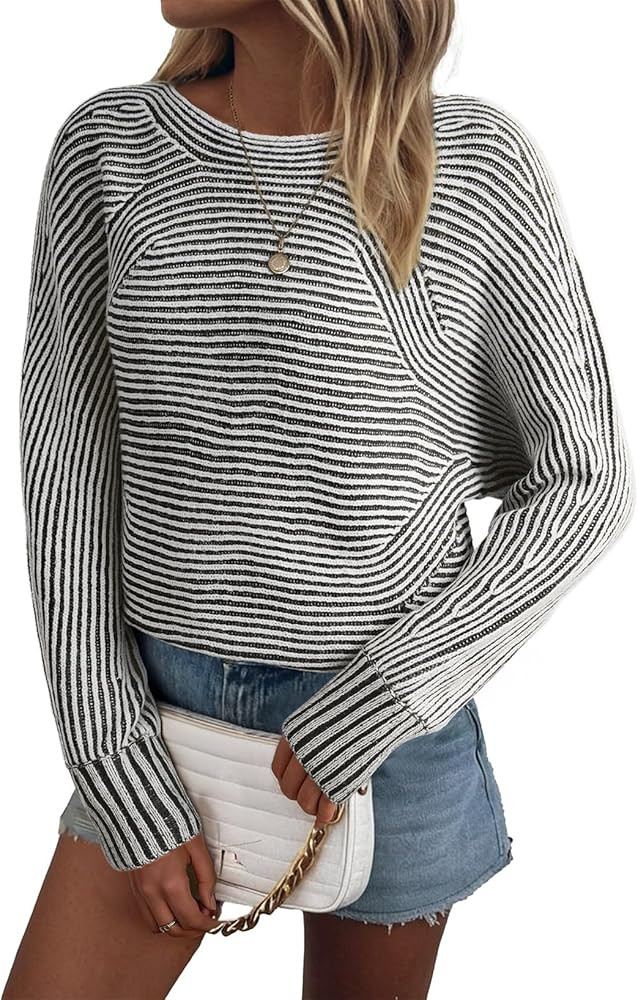 EVALESS Striped Sweaters for Women Boat Neck Batwing Sleeve Oversized Pullover Sweater Tops Women... | Amazon (US)