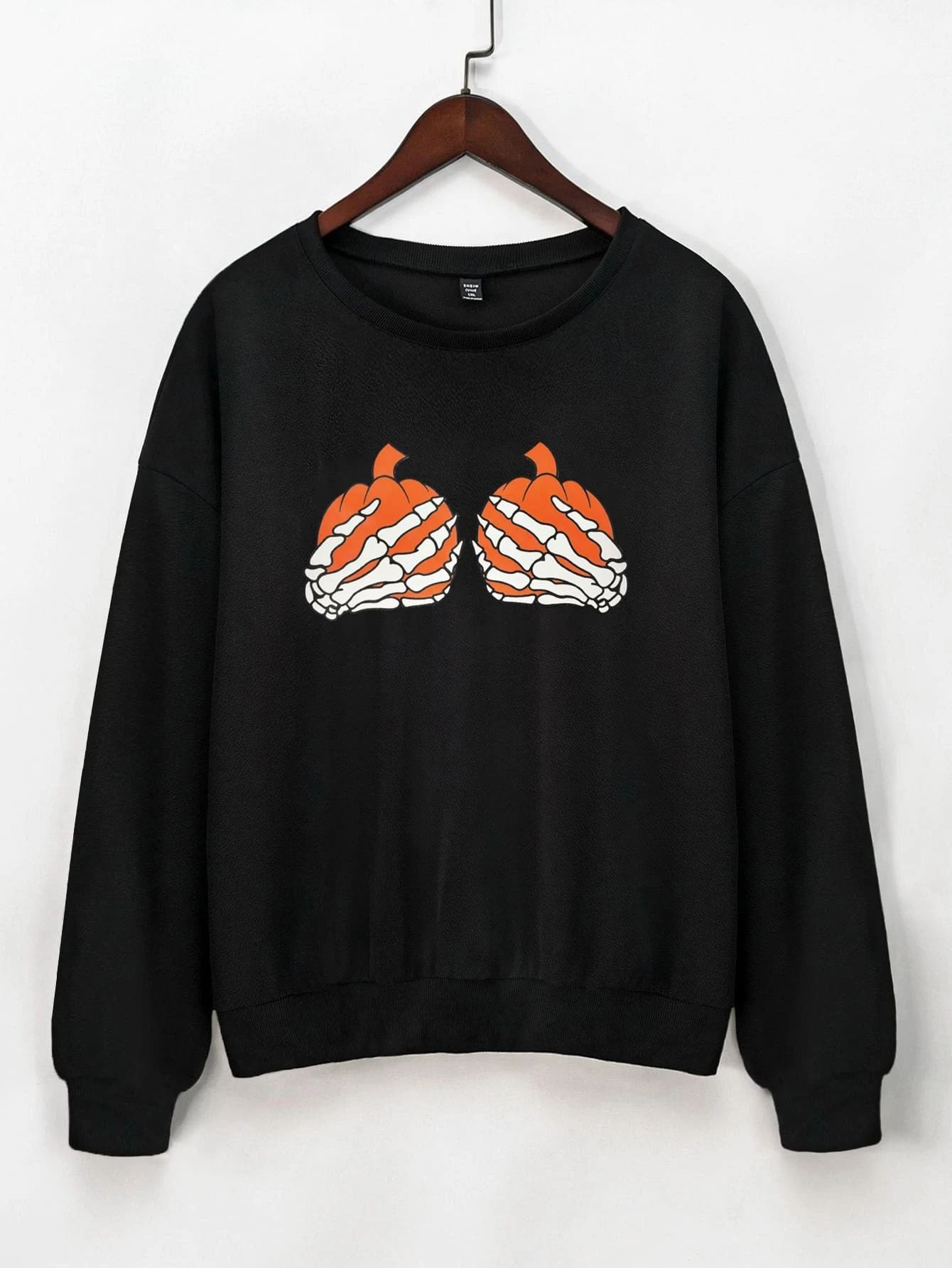 Plus Pumpkin & Skeleton Hand Print Sweatshirt | SHEIN