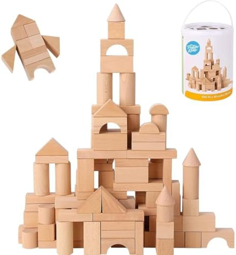 Pidoko Kids Wooden Blocks - 100 Pcs - Building Blocks for Toddlers - Includes Storage Container w... | Amazon (US)
