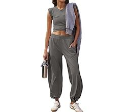 Glamaker Women's Two Piece Athletic Sets Casual Workout Sleeveless Cropped Tops High Sweatpants J... | Amazon (US)