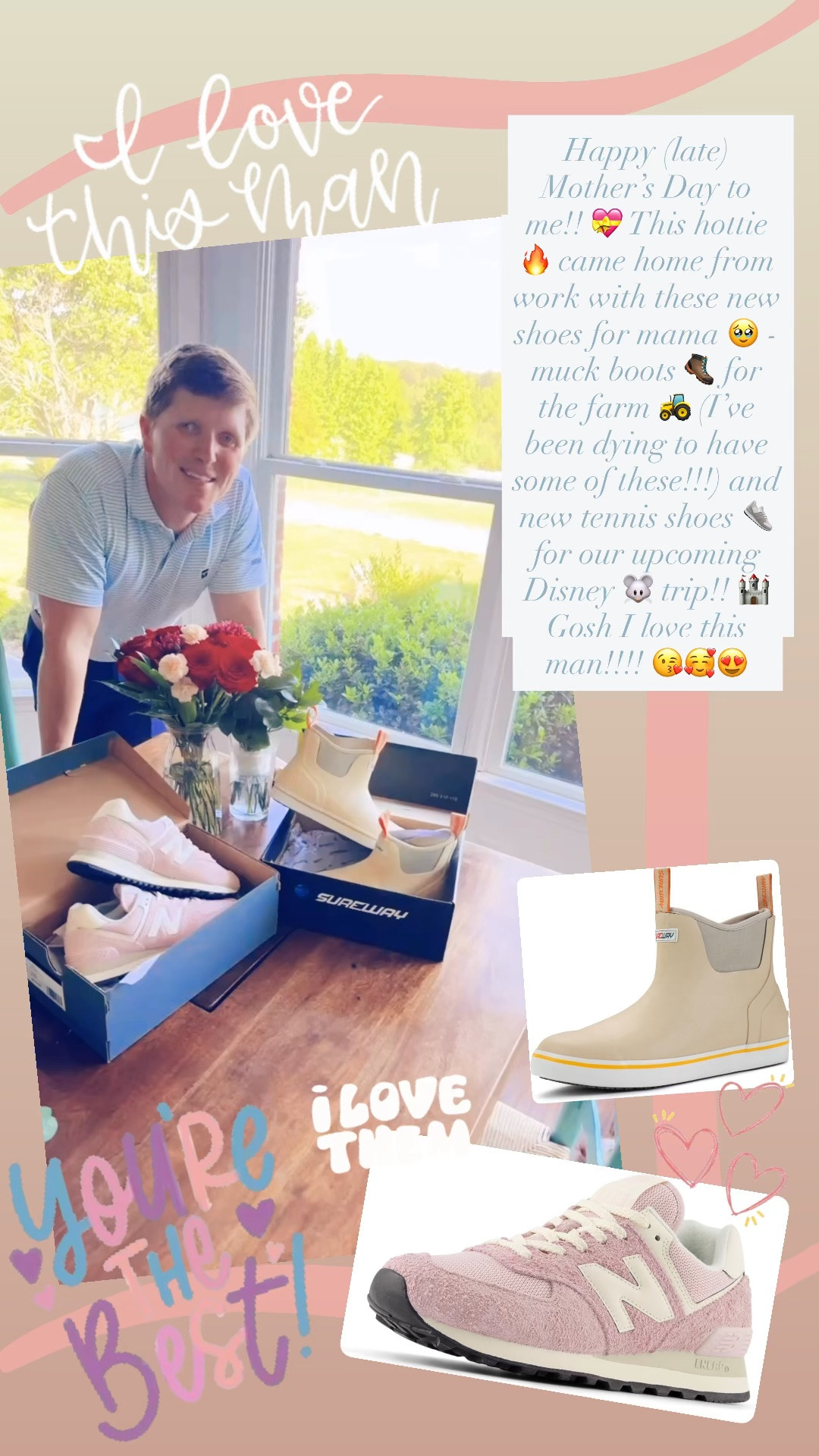 Happy (late) Mother’s Day to me!! 💝 This hottie 🔥 came home from work with these new shoes for mama 🥹 - muck boots 🥾 for the farm 🚜 (I’ve been dying to have some of these!!!) and new tennis shoes 👟 for our upcoming Disney 🐭 trip!! 🏰 Gosh I love this man!!!! 😘🥰😍