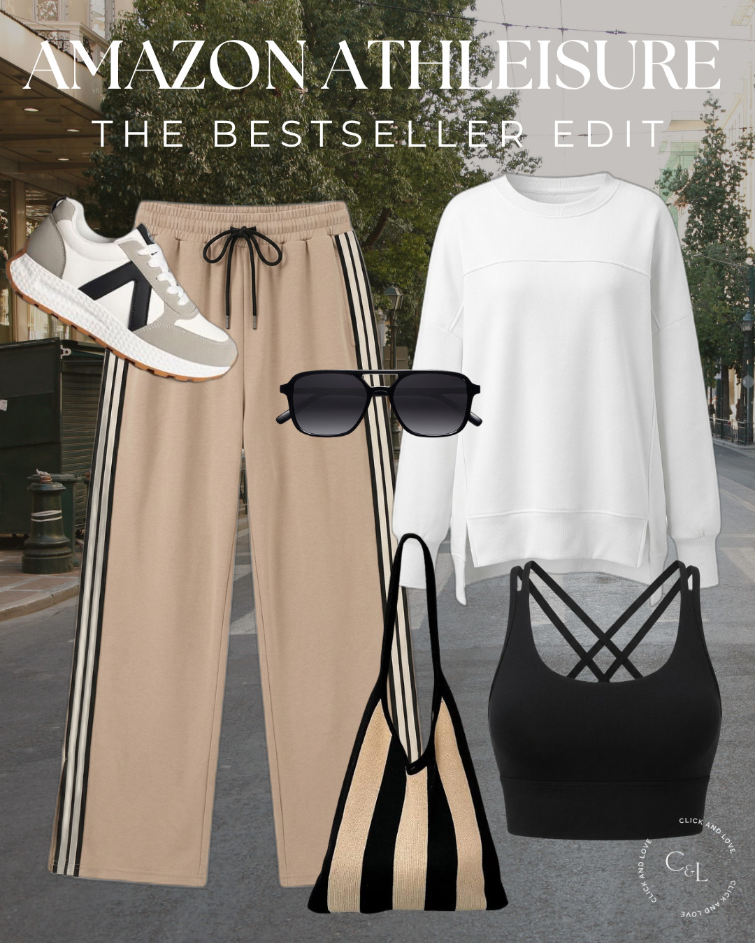 Tan striped track pants, a strappy black sports bra and an oversized white sweatshirt. The striped tote and color block sneakers make it feel so fun. Perfect for weekend errands! 

 #athleisure #amazonfashion #amazonfinds #trackpants #stripedpants #sportsbra #oversizedsweatshirt #crewneck #stripedtote #totebag #sneakers #weekendoutfit #falloutfit #casualstyle #comfyoutfit #founditonamazon #LTKActive