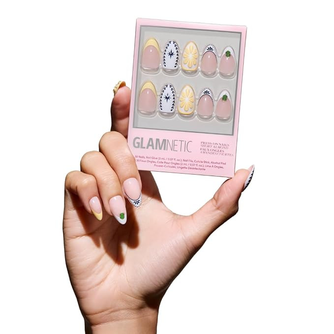 Glamnetic Press On Nails - Short Almond Fake Nails in Bright Orange with Olives, Lemons & Ceramic... | Amazon (US)