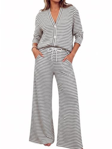 Fisoew Womens 2 Piece Lounge Set Striped Cardigan Pant Sets Travel Outfits | Amazon (US)