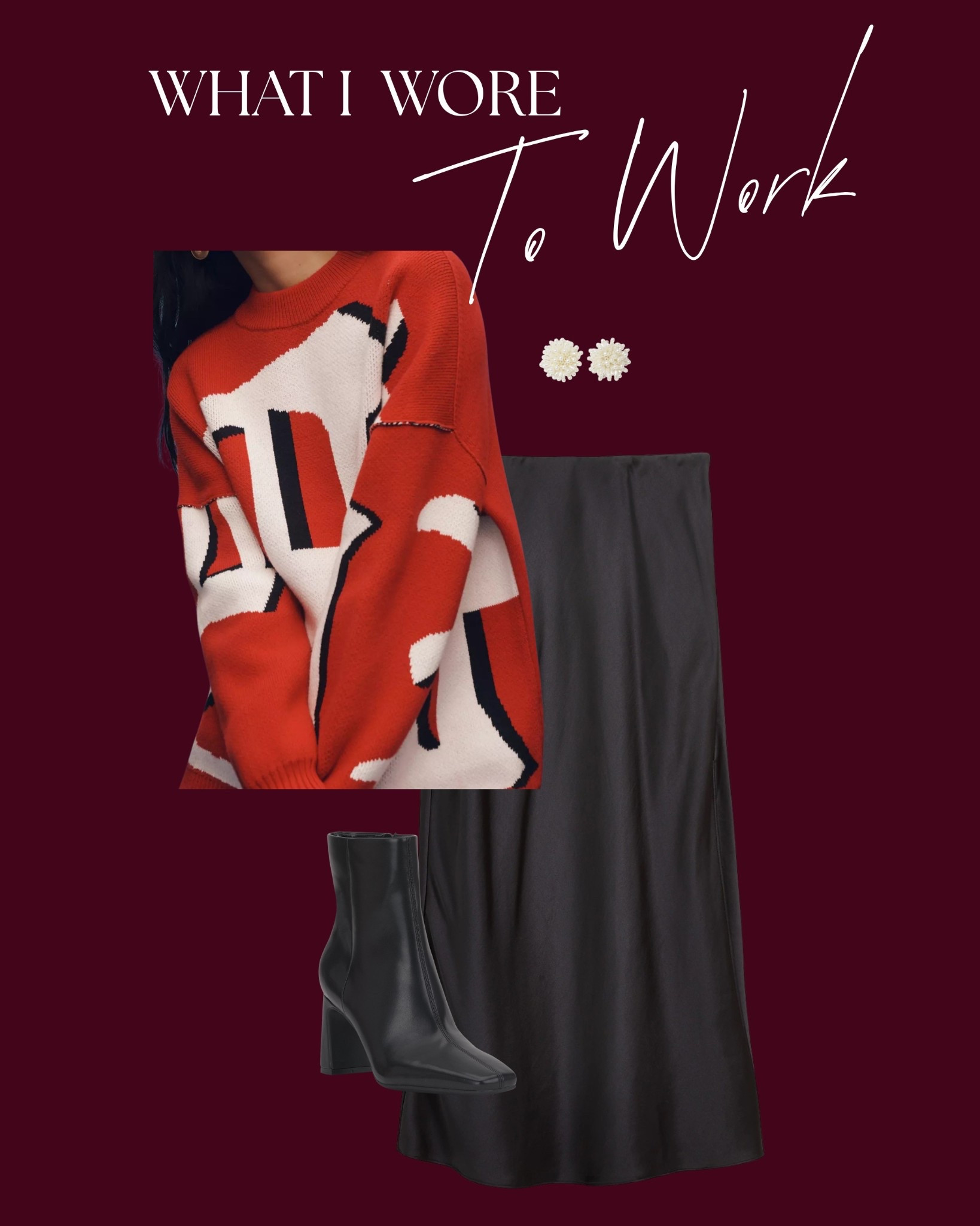 Patterned sweater from Anthropologie paired with a staple satin black maxi skirt and black booties. 

#LTKWorkwear #LTKootd #LTKMidsize
