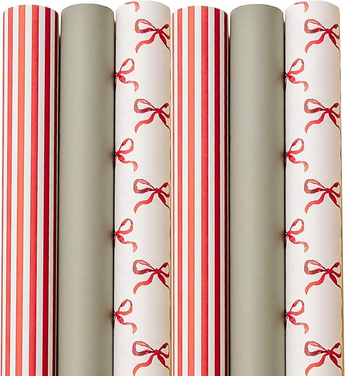Merry Market 6-pack Premium Matte Christmas Wrapping Paper, Minimal Holiday Gift Wrap, 2 Bows, 2 ... | Amazon (US)