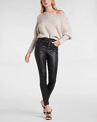 High Waisted Black Coated Button Fly Supersoft Skinny Jeans | Express