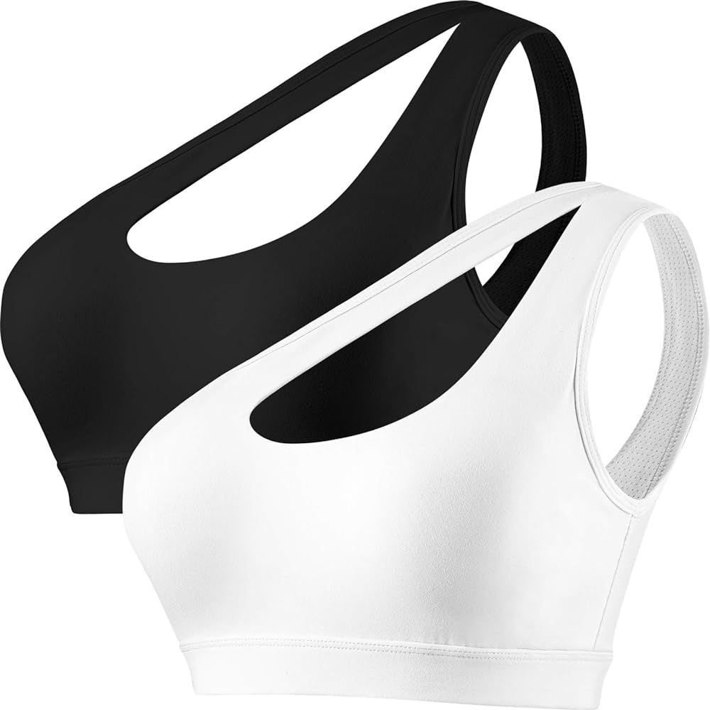 Geyoga 2 Pieces Women One Shoulder Sports Bra Black and White One Strap Bra Sports Tank Tops for ... | Amazon (US)