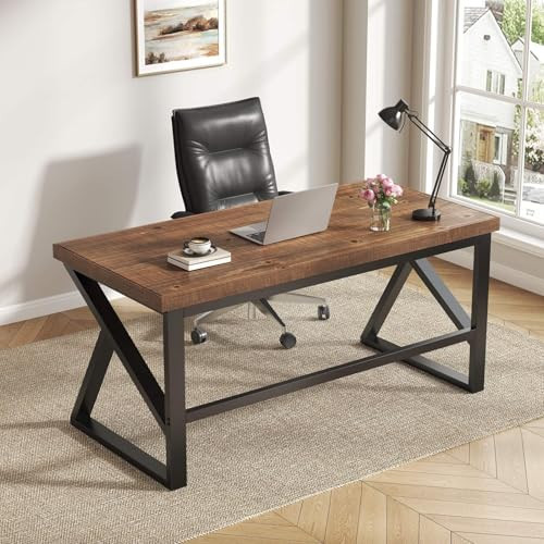 IBF Solid Real Wood Desk, Minimalist 47” Natural Wood Computer Desk, Rustic Desk for Home Office Writing Study, Vintage Industrial Wooden PC Gaming Workstation Computer Table, Brown, 47 Inch | Amazon (US)