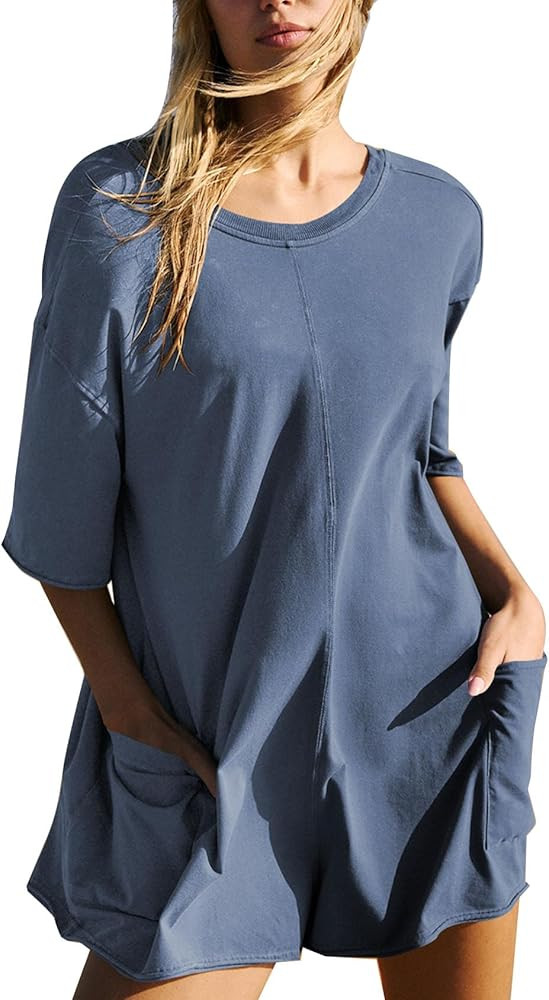 Flygo Women's Romper Short Sleeve Tee Rompers Crewneck Jumpsuit Back V Neck Casual Hot Shot One P... | Amazon (US)