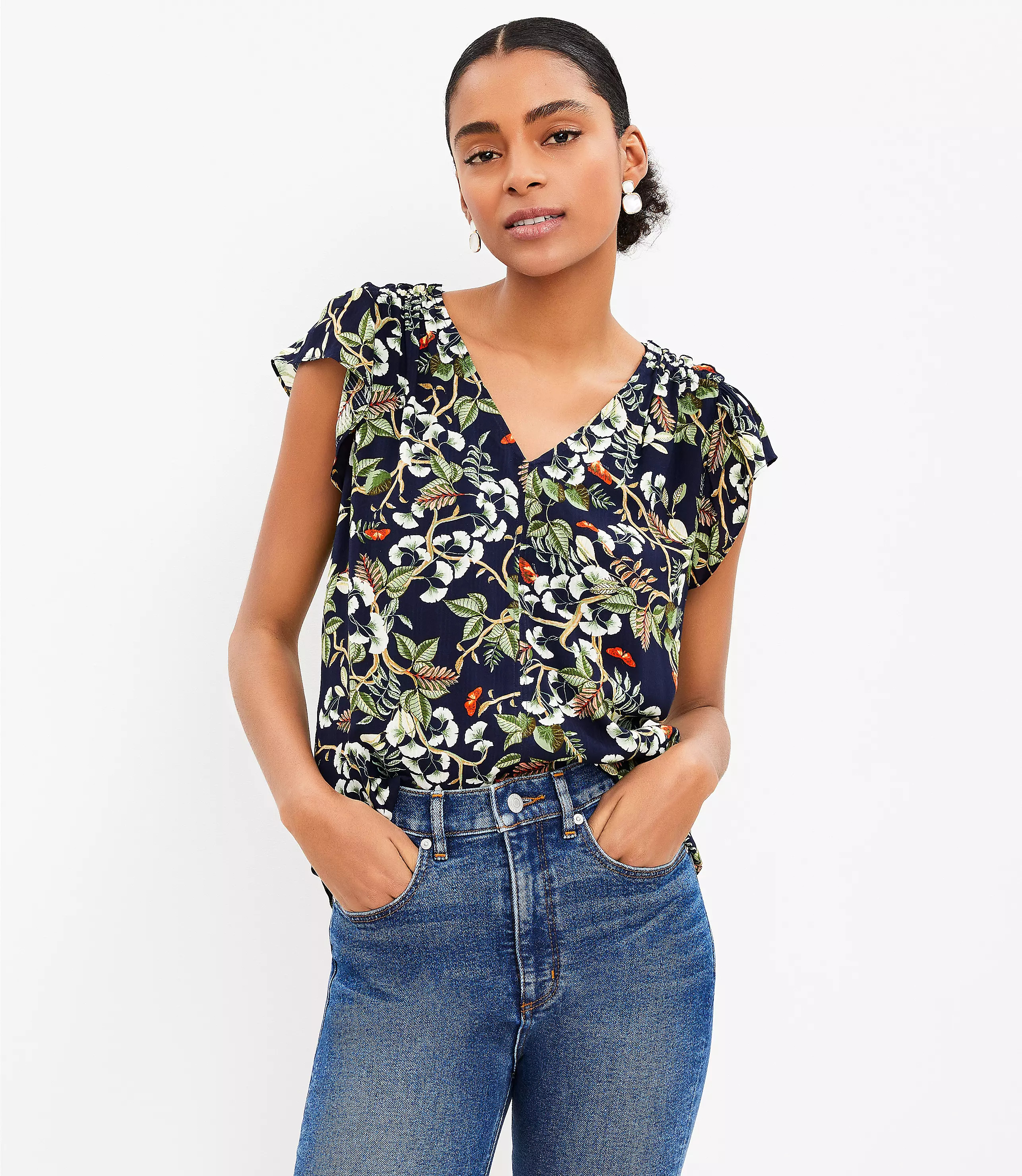 Leafed Smocked Shoulder Flutter Sleeve Top | LOFT