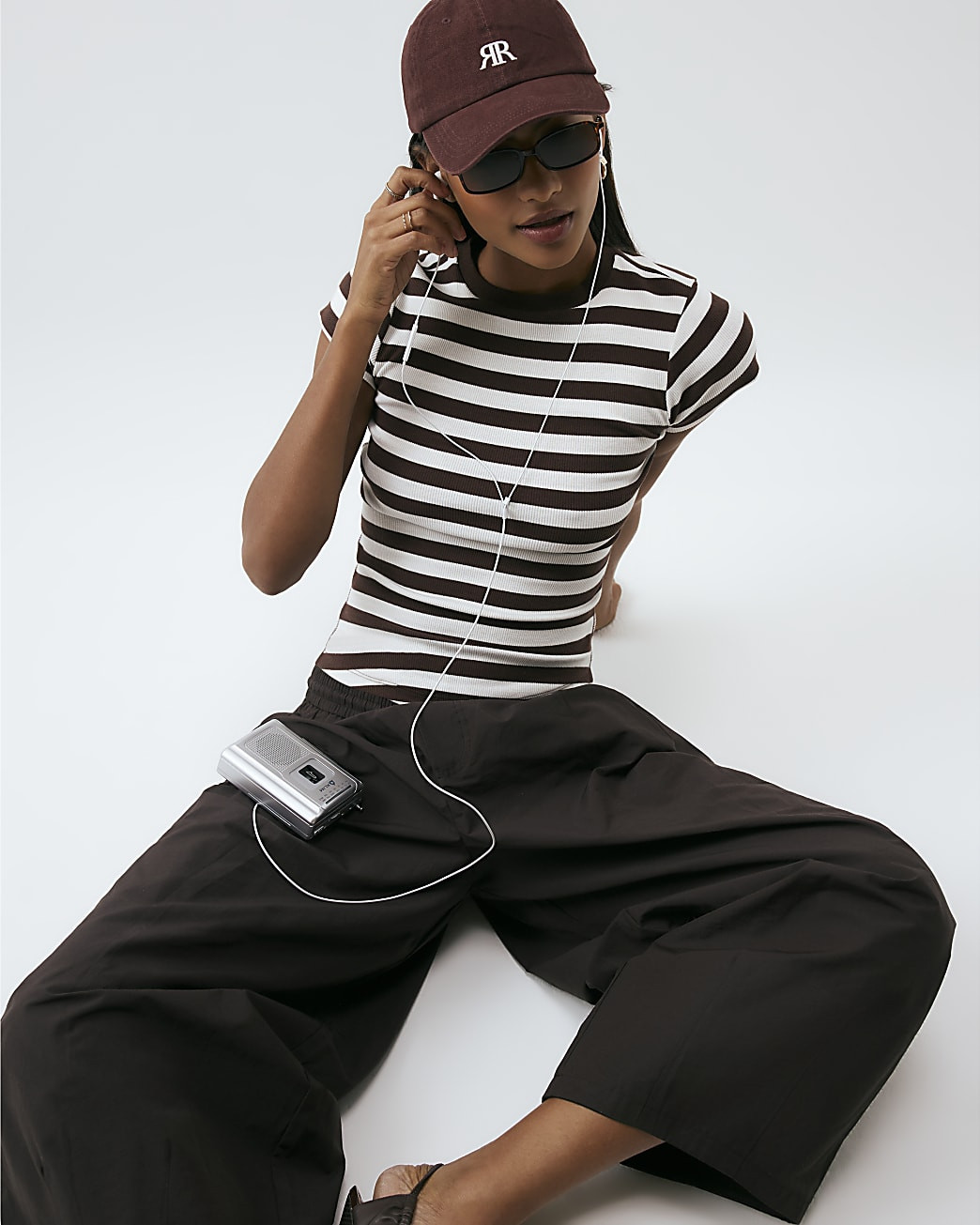Brown Cotton Blend Fitted Stripe Rib T-Shirt | River Island UK & IE