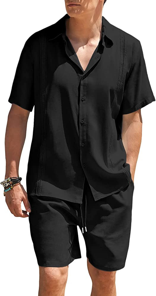 COOFANDY Men 2 Piece Linen Set Beach Guayabera Outfit Button Down Shirt and Short | Amazon (US)