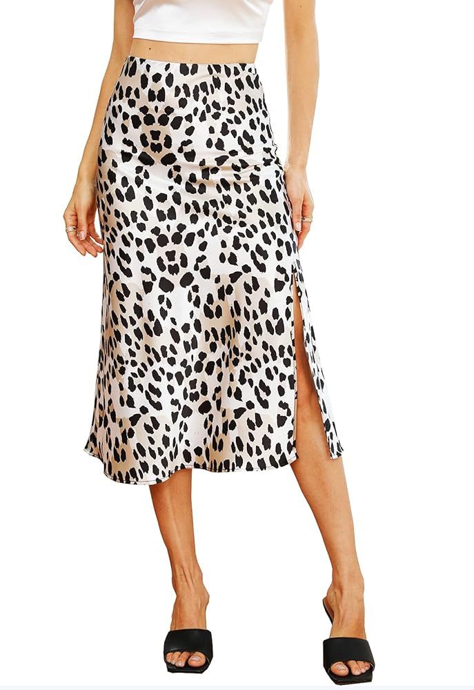 ALCEA ROSEA Womens Silky Satin Midi Skirt High Waist Elastic Waist A Line Skirt with Slit | Amazon (US)