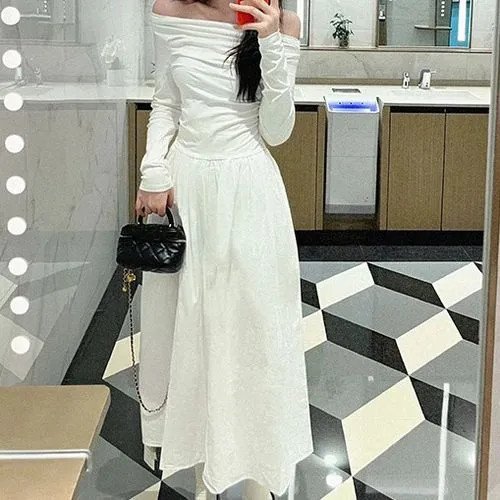 GOUB - Long-Sleeve Off Shoulder Plain Midi A-Line Dress | YesStyle Global