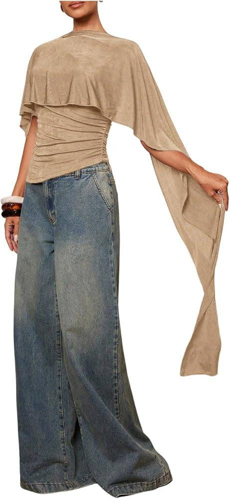 OYOANGLE Women's Fall Going Out Tops Asymmetrical Cinched Waist Blouse | Amazon (US)