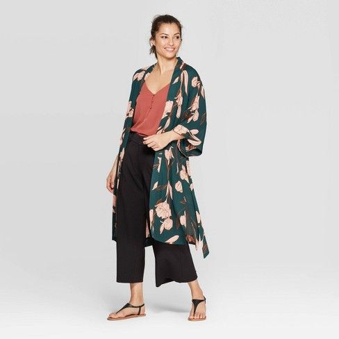 Women's Mid Length with High Side Slits Kimono - A New Day™ Green Floral One Size | Target