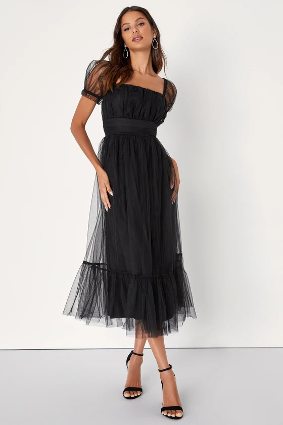 Flawless Aura Black Tulle Puff Sleeve Ruffled Midi Dress | Lulus