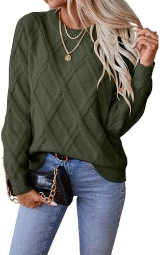 SHEWIN Womens Sweaters Crewneck Cable Knit Sweater Long Sleeve Fall Tops for Women 2025 | Amazon (US)