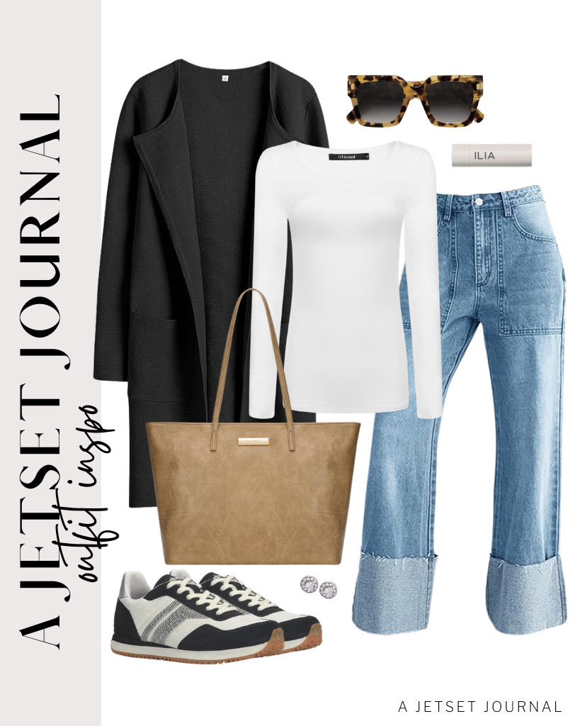 We are obsessed with this combination of OThread & Co. top, PLNOTME jeans, and black ANRABESS open-front cardigan sweater! This Montana West tote bag and Keds lace-up sneakers go with this fit, too. Apply this ILIA - Balmy Tint Hydrating Lip Balm and wear these classy stud earrings to complete the look. 

 #LTKSeasonal #LTKSaleAlert #LTKTravel