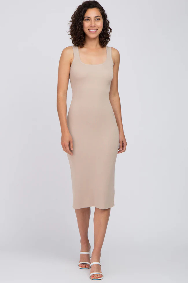 Taupe Knit Square Neck Midi Dress | PinkBlush Maternity