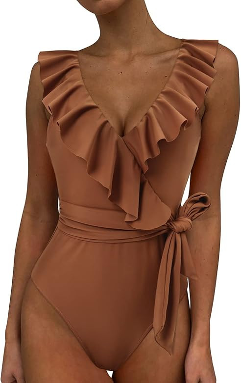 DOULAFASS One Piece Bathing Suit V Neck Ruffled Lace Up Tummy Control Swimsuit for Women | Amazon (US)